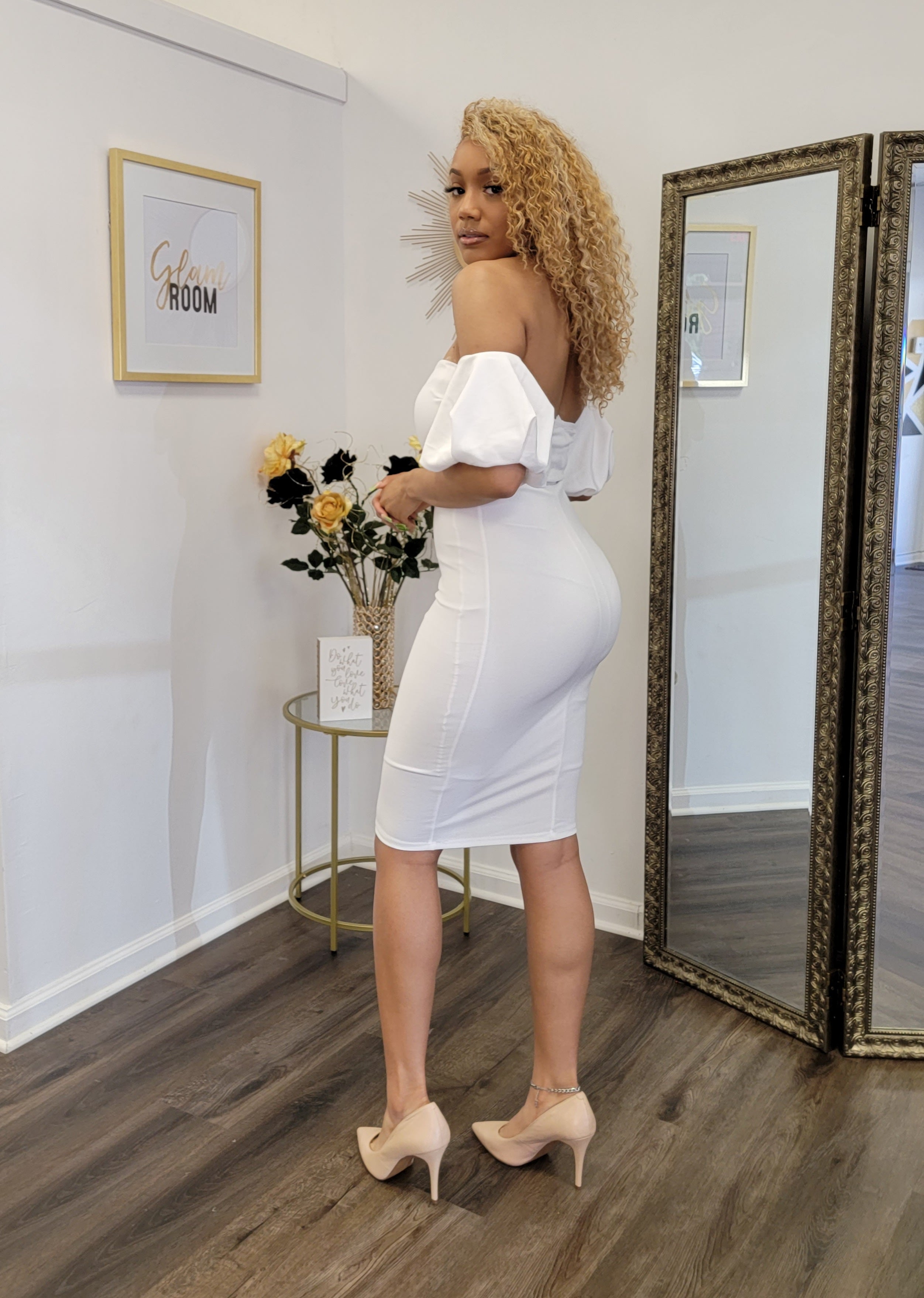 White off the shoulder mini bodycon – Cavi Keon Collection