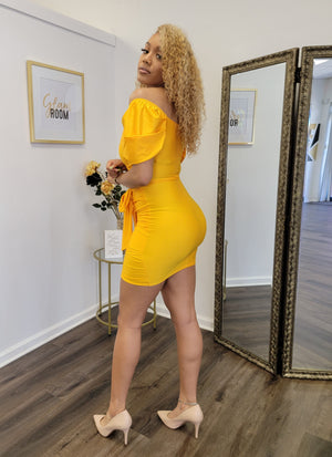 Yellow Off the shoulder mini bow dress